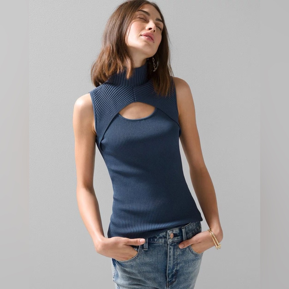 White House Black Market Sleeveless Cutout Blue Mock Neck